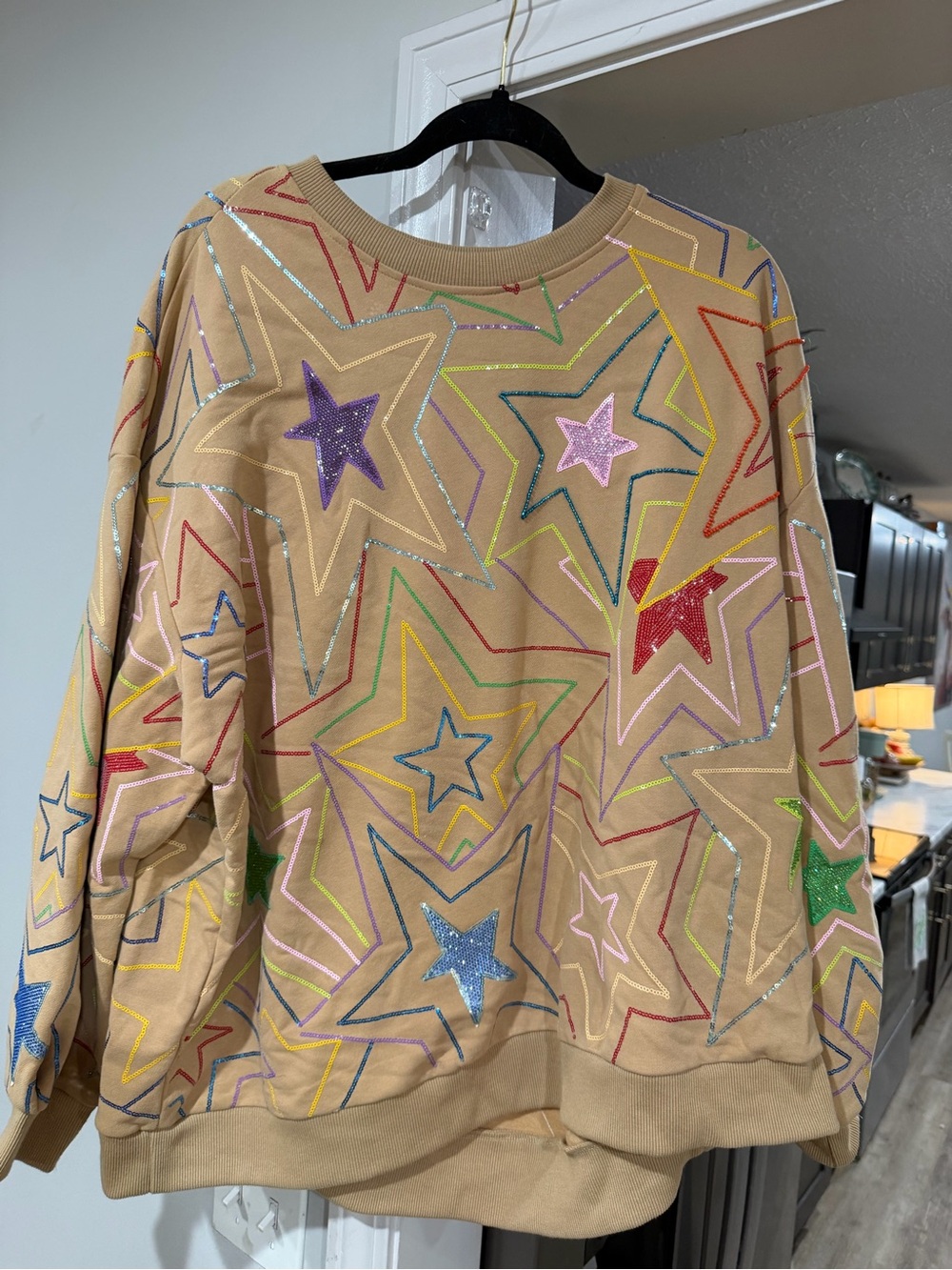 Queen of sparkles Star-Print Sweatshirt - Tan with Multicolor Stars - Picture 1 of 1